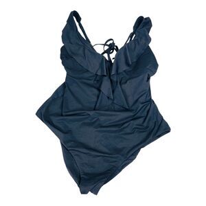 Becca Womens Ruffled One Piece Swimsuit Open Back Plunge Neckline Black 1X
